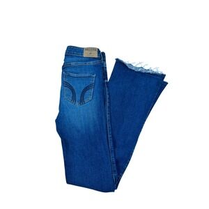 Hollister High Rise Flare Jeans Distressed Raw Hem Blue Denim Size 5 W27 L30